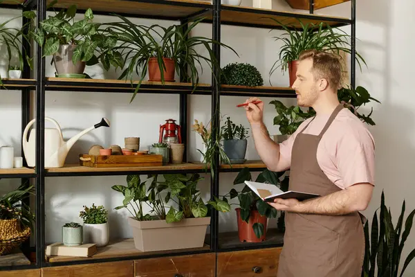 Человек, гордо стоящий среди пышной коллекции горшков с растениями в своем магазине флористов. — стоковое фото