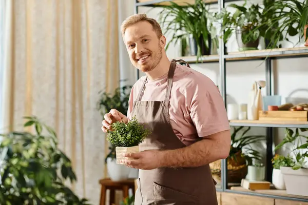 Un hombre en un delantal con amor sostiene una planta en maceta en un ambiente acogedor. - foto de stock