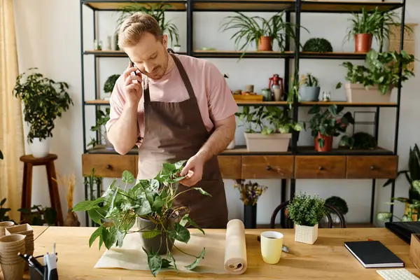 Un hombre se para frente a una mesa con una planta en maceta, mostrando su experiencia en el arte de la jardinería y el cuidado de plantas. - foto de stock