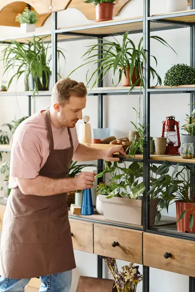 Un hombre está de pie frente a un estante lleno de varias plantas en macetas en una pequeña tienda de plantas, mostrando un amor por la naturaleza y una pasión por su propio negocio. - foto de stock
