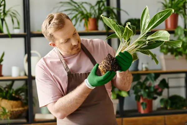A man cradles a plant in his hands, surrounded by lush greenery, showcasing care and connection to nature. — Stock Photo