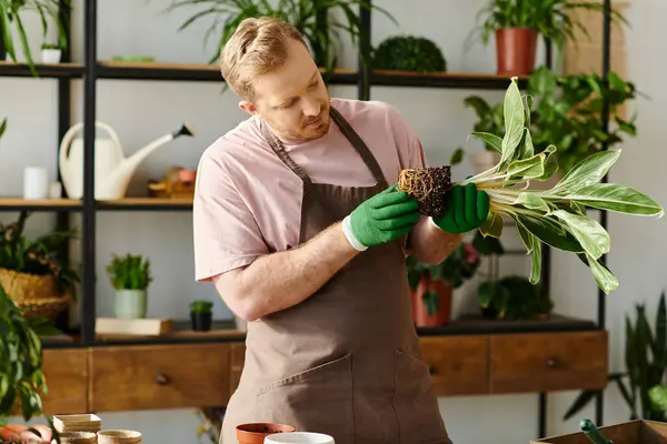 A man in an apron lovingly holds a green plant, surrounded by the vibrant colors of a small plant shop. — Stock Photo