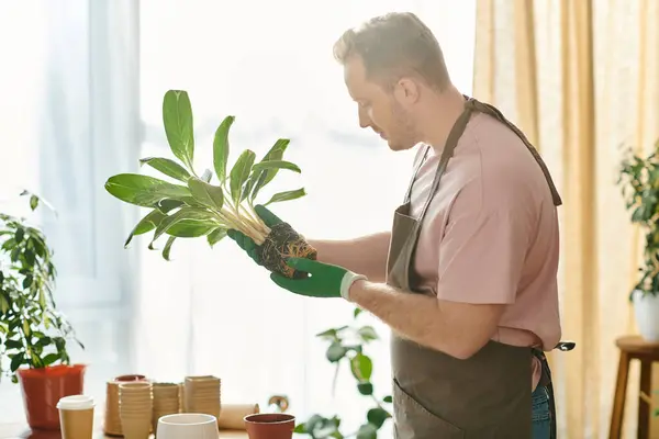 Un hombre guapo delicadamente sostiene una planta próspera en sus manos en su propia tienda de plantas, encarnando la esencia del espíritu empresarial y el cuidado. - foto de stock
