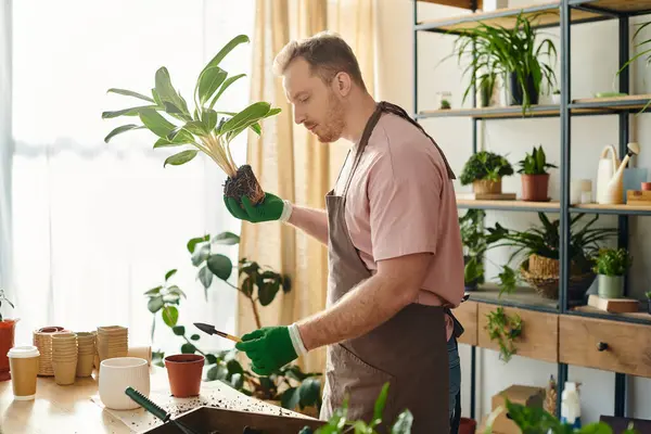 Un hombre con amor sostiene una planta en maceta en sus manos, mostrando su pasión por la vegetación y la naturaleza nutritiva. - foto de stock