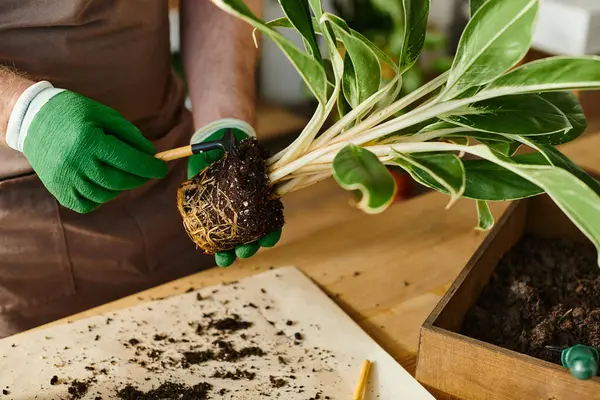Una persona con guanti verdi che tiene delicatamente una pianta in un ambiente rilassante e botanico. — Foto stock