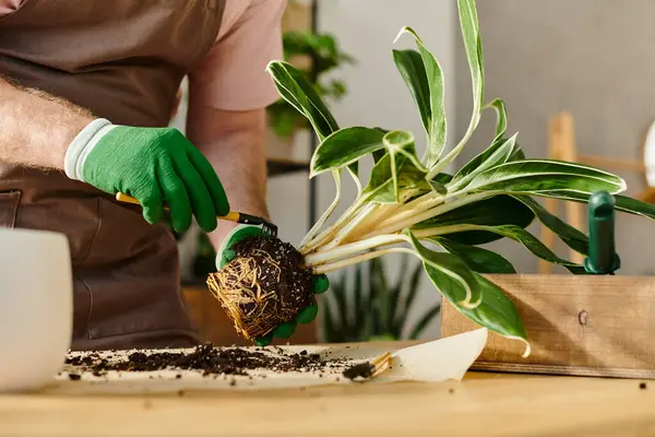 Um homem de luvas verdes corta delicadamente uma planta em uma exibição vibrante de experiência e cuidado de jardinagem. — Fotografia de Stock