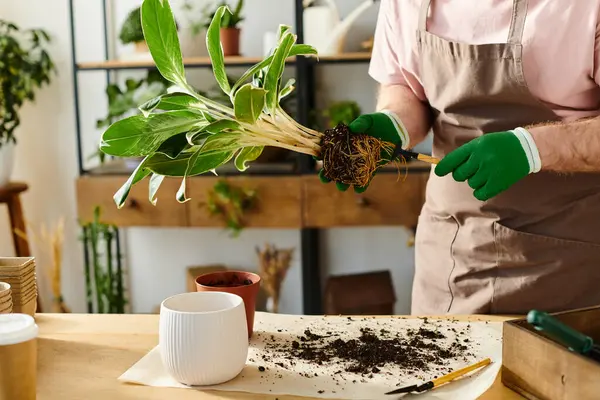 Uma pessoa com luvas verdes detém delicadamente uma planta saudável, mostrando cuidado e dedicação em um ambiente de loja de plantas. — Fotografia de Stock