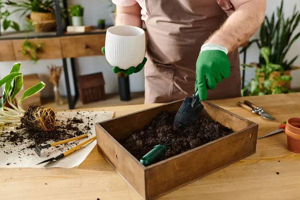 Un uomo in grembiule e guanti sta scavando la sporcizia in una scatola in un negozio di piante, concentrandosi sui propri affari.. — Foto stock