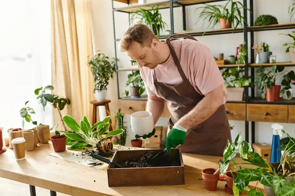 A stylish man in a pink shirt and green gloves tending to plants in a small business setting. — Stock Photo