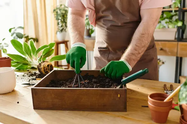 A man in green gloves carefully transfers soil into a box in a plant shop, showcasing his passion for his own small business. — Stock Photo