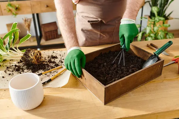 A pessoa, usando luvas e luvas de jardinagem, está escavando sujeira em uma caixa em uma loja de plantas.. — Fotografia de Stock