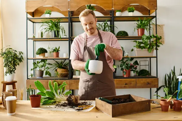 A handsome man in an apron carefully pours water into a potted plant in a plant shop, embodying the concept of nurturing growth. — Stock Photo