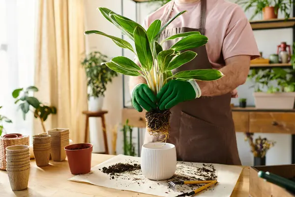 A man delicately holds a potted plant on a wooden table at a plant shop, showcasing his green thumb skills and love for nature. — Stock Photo