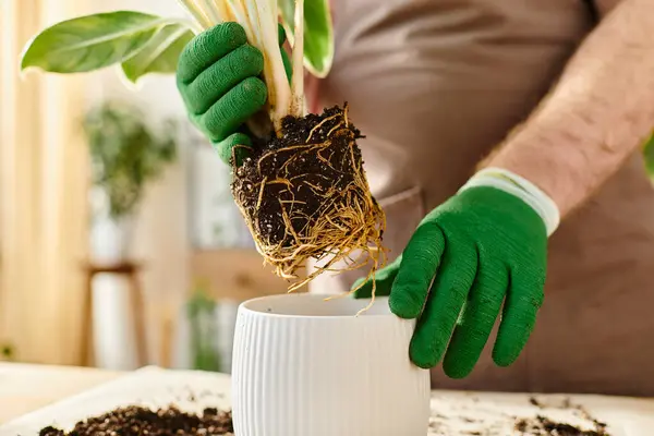 Cropped man in green gloves caring for plant in small plant shop, embodying the own business concept. — Stock Photo