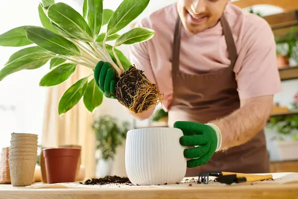 Um homem carinhosamente embala uma planta em vaso em suas mãos em uma loja de plantas, mostrando sua paixão pela natureza e pelo cultivo. — Fotografia de Stock