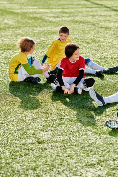 Eine Gruppe junger Jungen hockt freudig auf einem Fußballplatz, ihre Augen leuchten vor Aufregung und Vorfreude. Das grüne Gras unter ihnen kontrastiert mit ihrer pulsierenden Energie und schafft eine dynamische Szene, die sportlichen Spaß verspricht. — Stockfoto