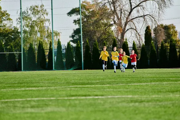 Eine lebhafte Gruppe von energiegeladenen kleinen Kindern sprintet begeistert über ein Fußballfeld, erfüllt von Freude und Aufregung, während sie sich auf ein spielerisches Spiel einlassen.. — Stockfoto