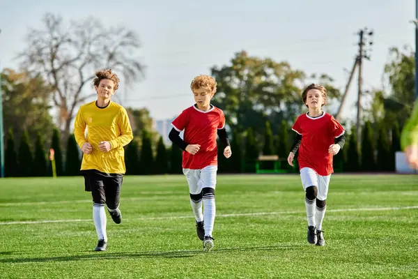 A lively group of young boys, dressed in soccer attire, dash across a well-maintained green soccer field with determination and excitement. — Stock Photo