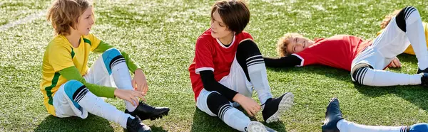 Two young boys sit on the grass, their feet touching the earth. They appear lost in thought, gazing into the distance with a sense of wonder and curiosity. — Stock Photo