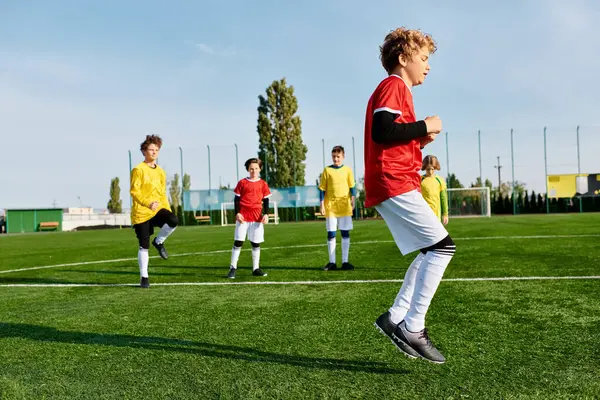 Un groupe animé de jeunes garçons jouant avec enthousiasme un jeu de football sur un terrain herbeux. Ils courent, donnent des coups de pied, passent et marquent des buts avec une concentration intense et un travail d'équipe. — Photo de stock