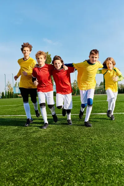 Un groupe diversifié de jeunes se tient fièrement au sommet d'un terrain de soccer vert, faisant preuve d'unité et de camaraderie dans leurs activités sportives.. — Photo de stock