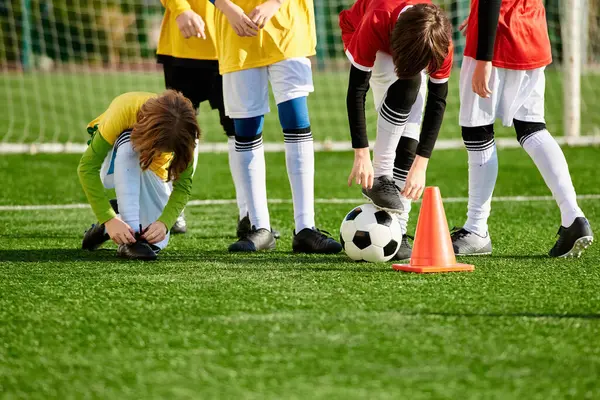 Un gruppo eterogeneo di bambini piccoli, pieni di eccitazione e anticipazione, sta intorno a un pallone da calcio, chiacchierando e ridendo mentre pianificano la loro prossima partita.. — Foto stock