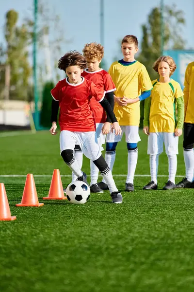 Un groupe de jeunes enfants dynamiques jouant à un jeu enthousiaste de football sur un terrain herbeux. Ils courent, donnent des coups de pied, passent, et célèbrent les objectifs d'une manière vivante et dynamique. — Photo de stock