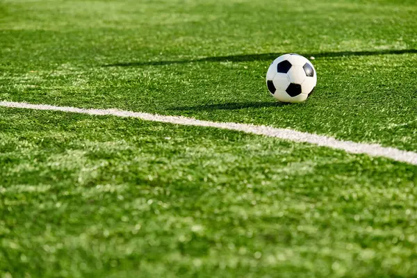Un ballon de football solitaire est assis sur le terrain vert animé, se prélasser dans la lumière du soleil chaud, en attendant le prochain match exaltant. — Photo de stock