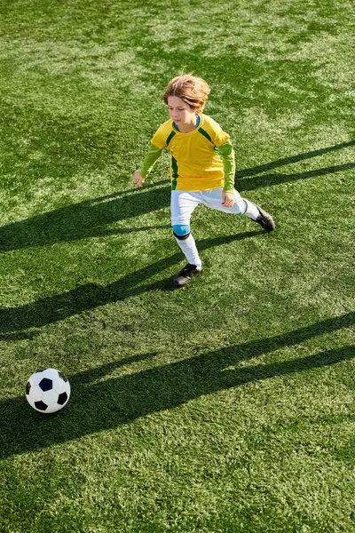 Un ragazzo prende energicamente a calci un pallone da calcio attraverso un campo verde vibrante, mostrando abilità e determinazione nel suo gioco. — Foto stock