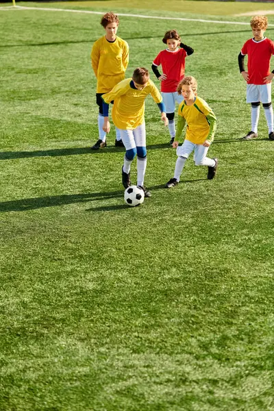 Un groupe de jeunes garçons jouant avec enthousiasme un jeu de football sur un terrain d'herbe, donnant des coups de pied au ballon, courant, et s'acclamant mutuellement sur. — Photo de stock