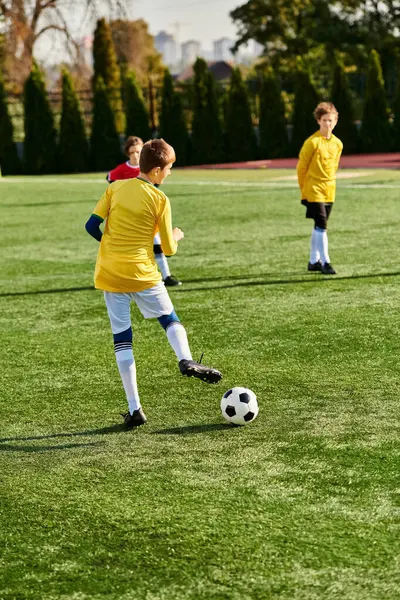 Un groupe de jeunes garçons jouant passionnément un jeu de football sur un terrain vert. Ils courent, donnent des coups de pied au ballon, et crient de joie pendant qu'ils rivalisent. — Photo de stock