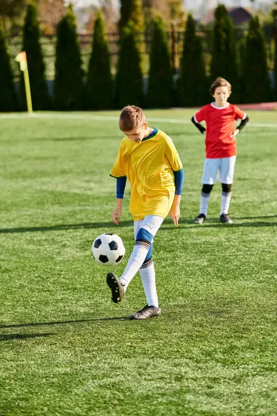 Группа энергичных молодых мальчиков участвуют в энергичной игре в футбол, отбивая мяч с решимостью через травянистое поле, смеясь и крича от волнения. — стоковое фото
