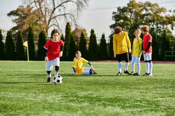 Eine Gruppe kleiner Kinder, voller Energie und Begeisterung, spielte schwungvoll Fußball. Die Kinder rennen, kicken und arbeiten als Team auf dem Rasenplatz. — Stockfoto