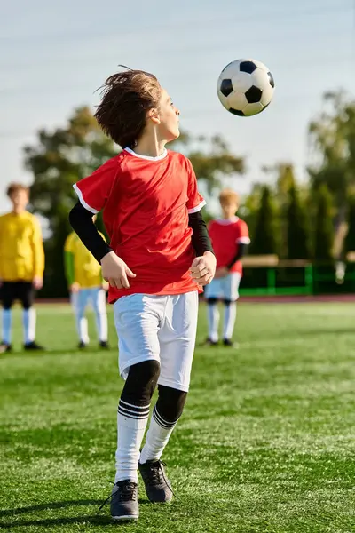 Ein temperamentvoller kleiner Junge spielt energisch Fußball auf einem Rasenplatz und dribbelt den Ball gekonnt an imaginären Gegnern vorbei mit konzentrierter Entschlossenheit. — Stockfoto