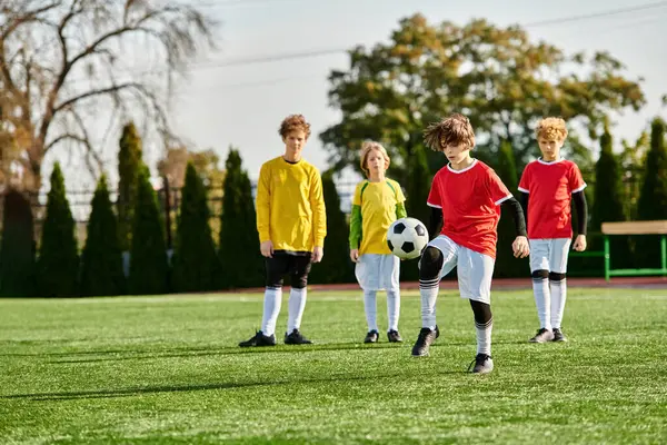 Un gruppo di giovani ragazzi vivaci si erge orgogliosamente in cima a un campo da calcio, con gli occhi pieni di determinazione e unità mentre si preparano per una partita impegnativa davanti a sé.. — Foto stock