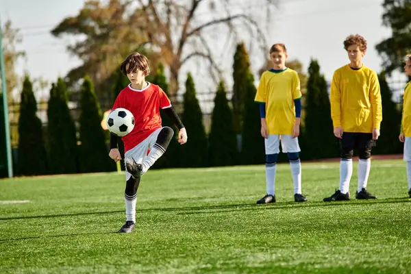 Un jeune garçon donne un coup de pied énergique à un ballon de football sur un terrain vert. Son expression concentrée et son mouvement fluide capturent l'excitation et l'intensité du jeu alors qu'il perfectionne ses compétences. — Photo de stock