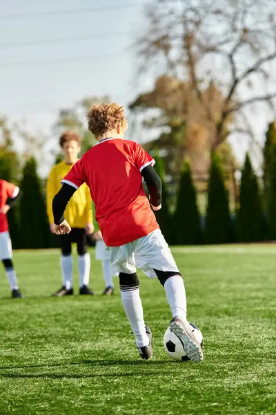 Un gruppo di giovani energici che giocano appassionatamente a calcio su un campo erboso, dribblando, passando e tirando la palla tra applausi e spirito competitivo. — Foto stock