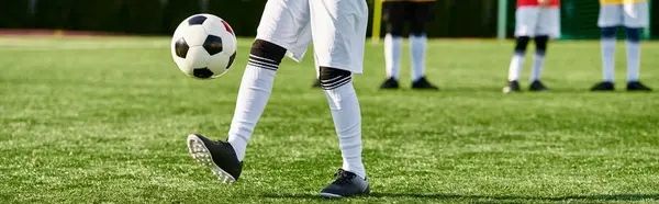 Una persona prende a calci appassionatamente un pallone da calcio su un campo vibrante, mostrando abilità e determinazione in un momento sportivo dinamico. — Foto stock