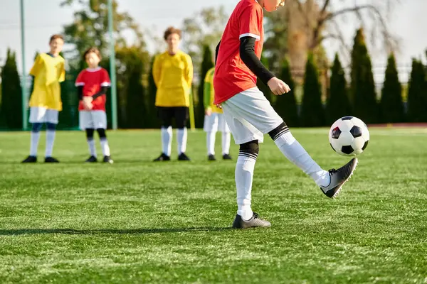 Мальчик энергично пинает футбольный мяч на ярком зеленом поле, демонстрируя свою страсть к спорту и решимость отточить свои навыки.. — стоковое фото