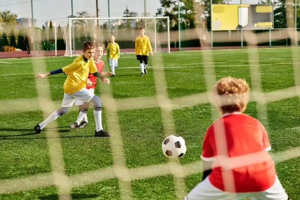 Un vibrante gruppo di bambini che giocano energicamente a calcio su un campo erboso, correndo, scalciando e tifando mentre competono l'uno contro l'altro in una partita amichevole. — Foto stock