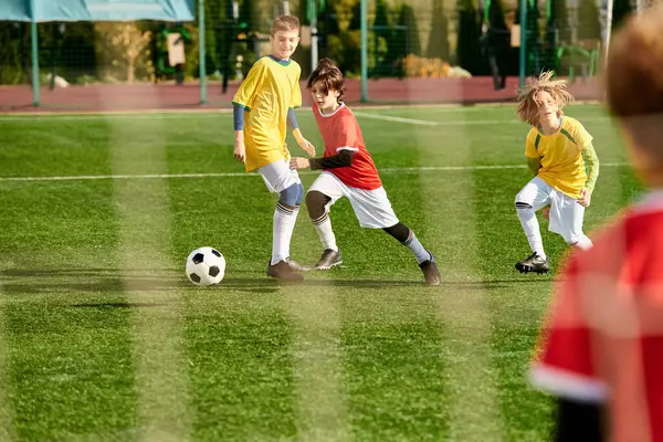 Un vivace gruppo di bambini sta giocando una partita di calcio su un campo verde. Corrono, calciano e passano la palla mentre competono in una partita amichevole piena di risate ed eccitazione.. — Foto stock