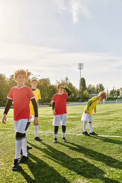 Un gruppo di ragazzi entusiasti si erge orgogliosamente su un campo da calcio, trasudando fiducia e determinazione mentre sognano future vittorie e successi nello sport.. — Foto stock