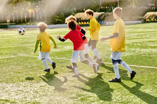 Eine lebendige Szene entfaltet sich, als sich eine Gruppe tatkräftiger Kinder auf einem sonnigen Feld einem temperamentvollen Fußballspiel widmet, kickt, dribbelt und den Ball mit Begeisterung und Teamwork weitergibt.. — Stockfoto