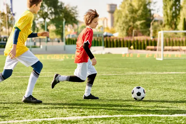 Dos niños pequeños, vistiendo camisetas de fútbol coloridas, jugando con entusiasmo al fútbol en un campo verde. Están pateando la pelota de ida y vuelta con precisión y entusiasmo, mostrando su pasión por el deporte. - foto de stock