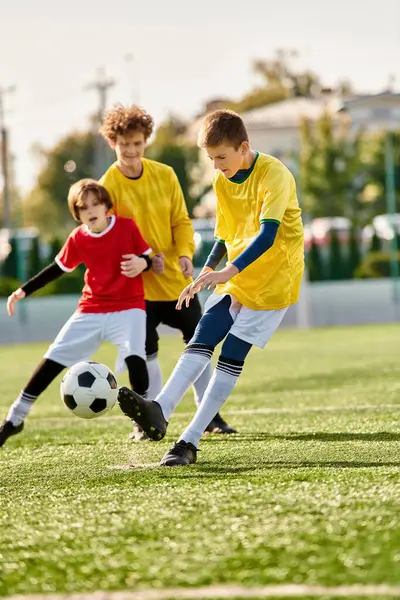 Um grupo de homens jovens chutando energeticamente em torno de uma bola de futebol, mostrando sua paixão pelo esporte enquanto se envolvem em um jogo amigável. — Fotografia de Stock