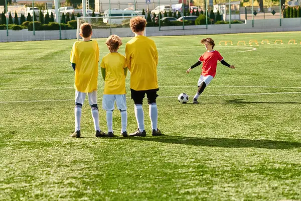 A group of energetic young boys proudly stand on top of a soccer field, exuding a sense of triumph and camaraderie as they survey the vast playing field below them. — Stock Photo