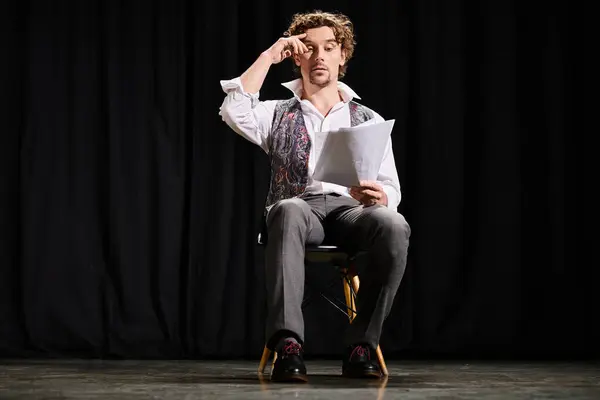 Man on top of a chair holds a paper. — Stock Photo