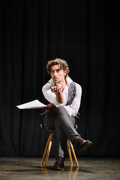 A man sitting on a chair, deep in thought, holding a piece of paper. — Stock Photo