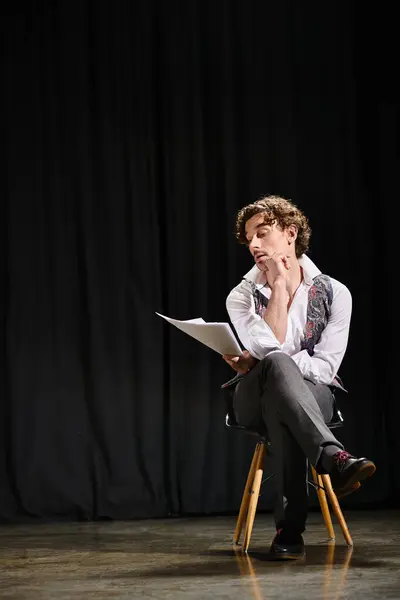 Un uomo assorto nella lettura di un copione seduto su una sedia. — Foto stock
