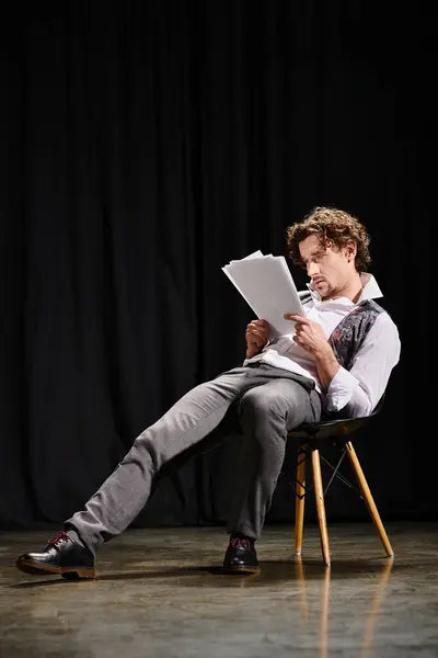 A man engrossed in reading a script while seated in a chair. — Stock Photo